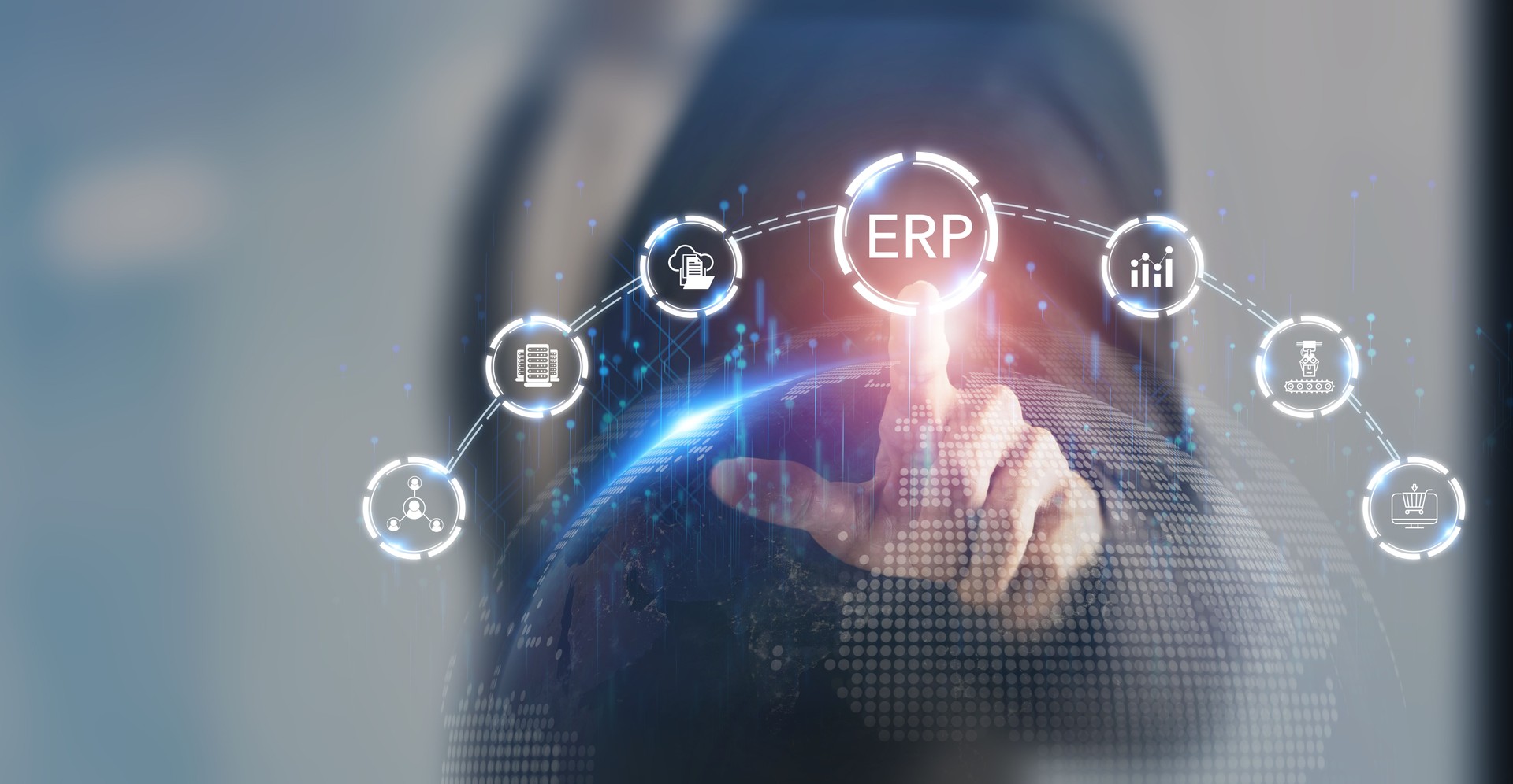 AI ERP system, Enterprise Resource Planning technology. Efficiency solution managing business value chain, automate operational processes, react in real time, automatic updates, data driven decisions.